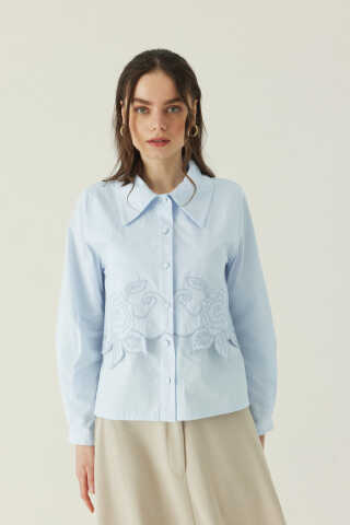 Gül Nakışlı Poplin Gömlek Bebe Mavisi - 1