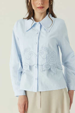 Gül Nakışlı Poplin Gömlek Bebe Mavisi - 4