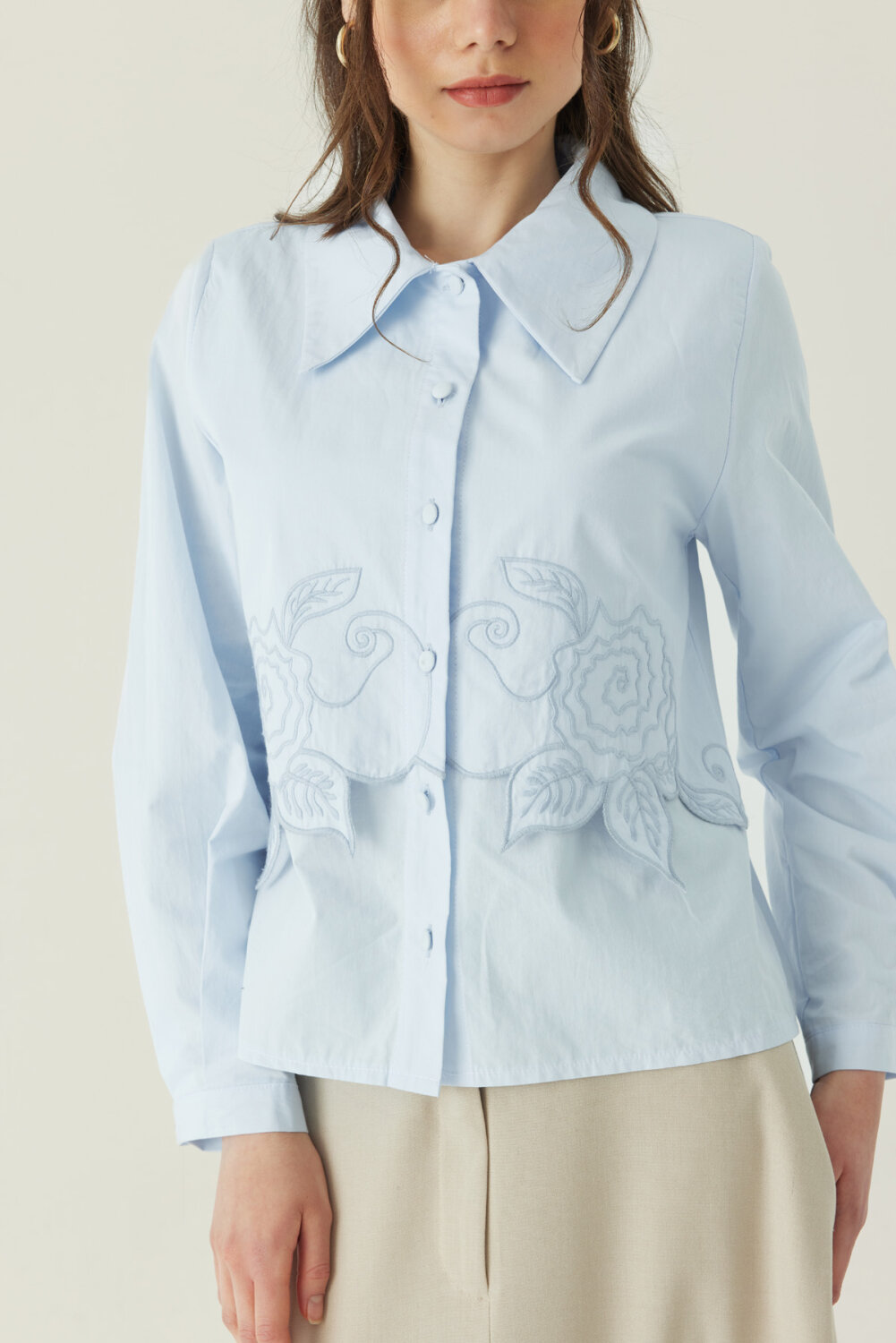Gül Nakışlı Poplin Gömlek Bebe Mavisi - 4