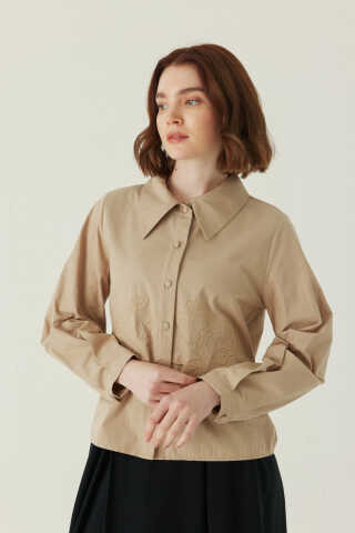 Gül Nakışlı Poplin Gömlek Bej - 2