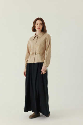 Gül Nakışlı Poplin Gömlek Bej - 4