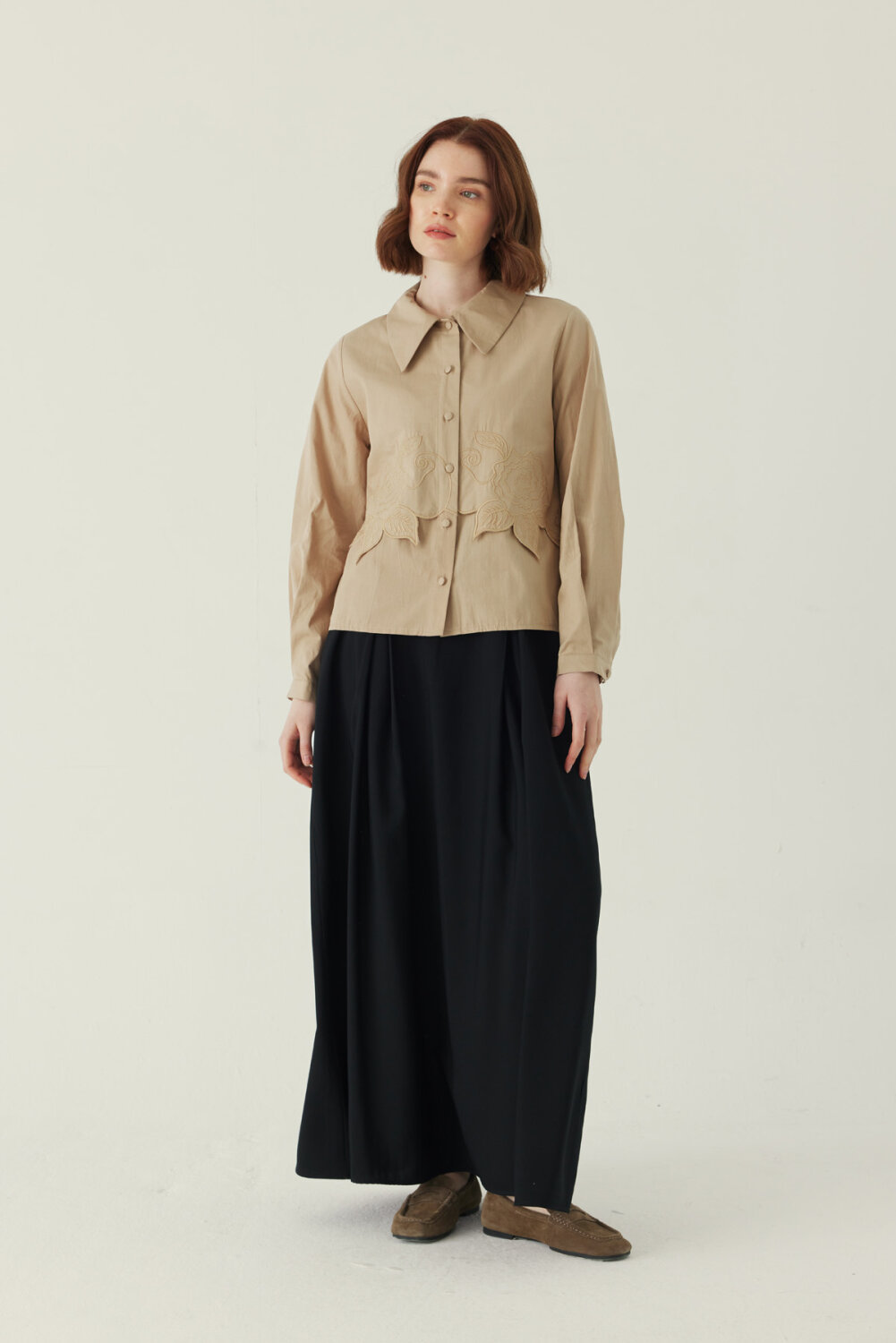 Gül Nakışlı Poplin Gömlek Bej - 5