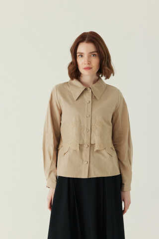 Gül Nakışlı Poplin Gömlek Bej - 1