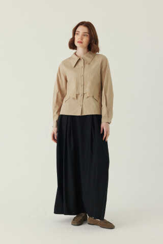 Gül Nakışlı Poplin Gömlek Bej - 5