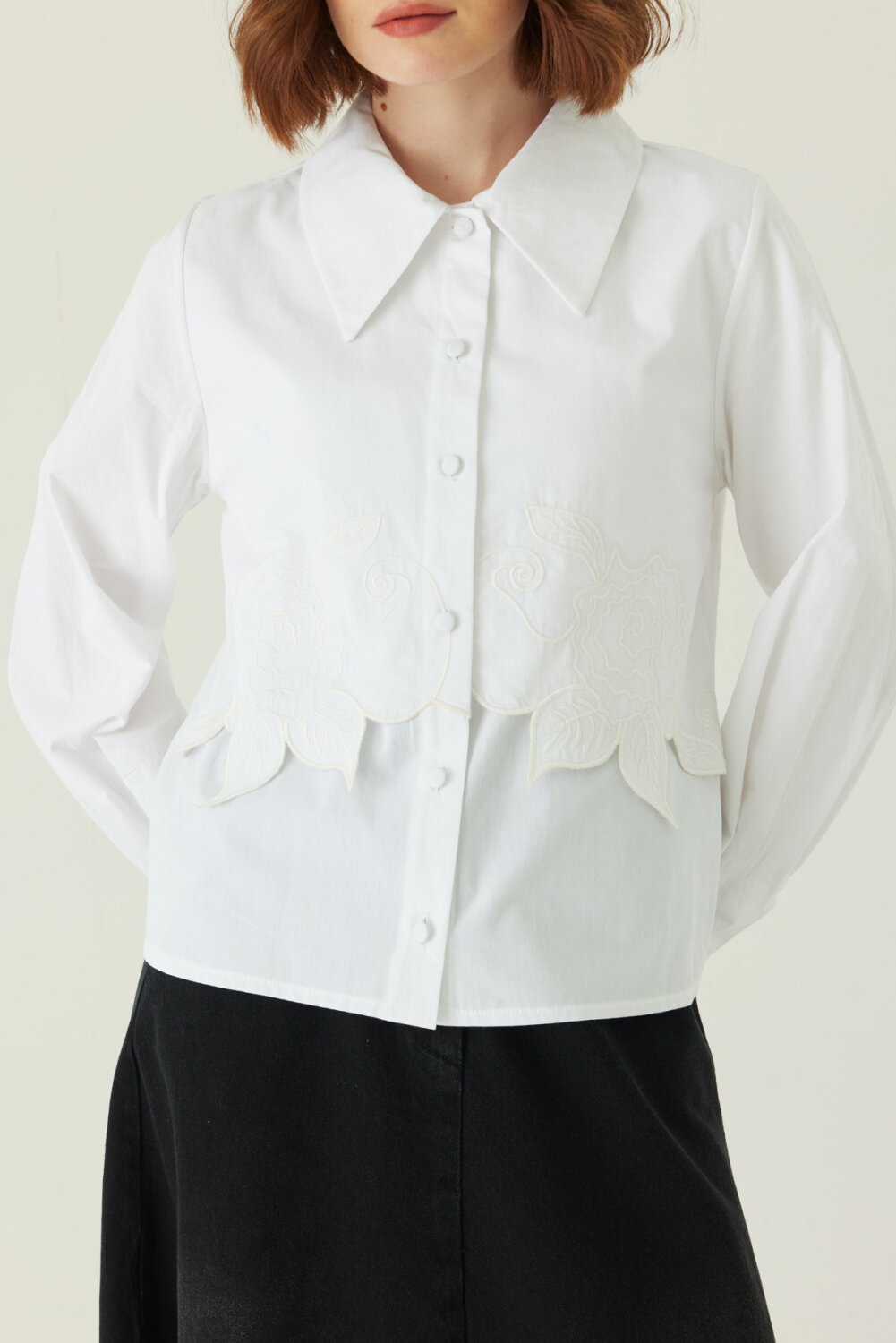 Gül Nakışlı Poplin Gömlek Beyaz - 3