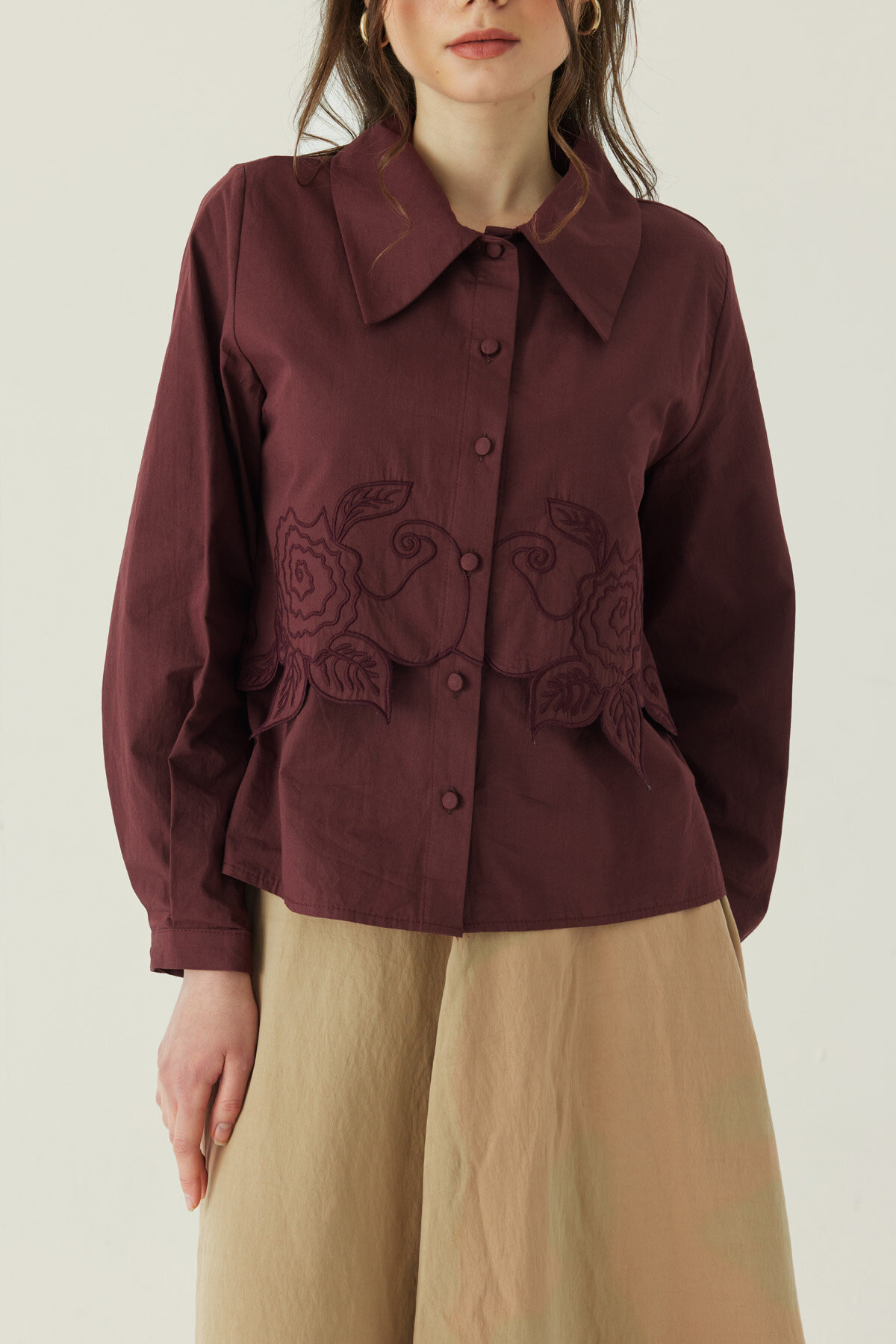 Gül Nakışlı Poplin Gömlek Bordo