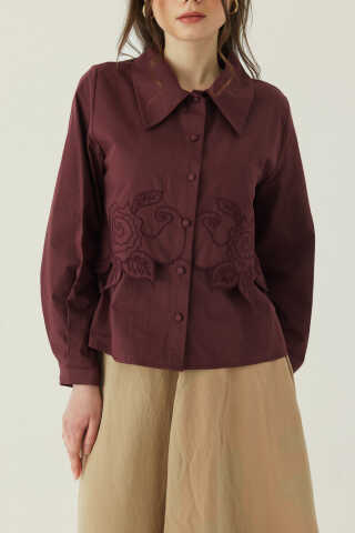 Gül Nakışlı Poplin Gömlek Bordo - 1