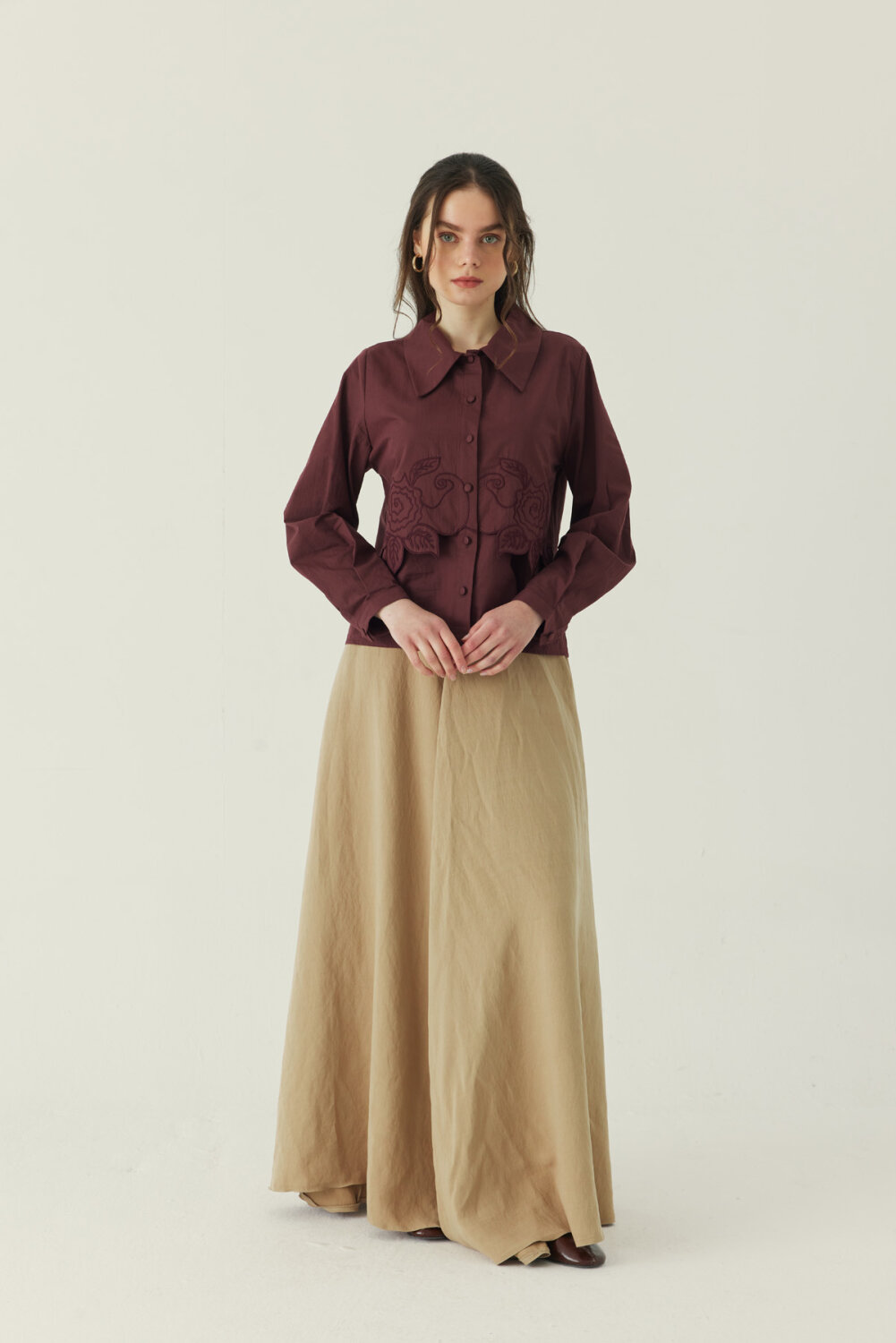 Gül Nakışlı Poplin Gömlek Bordo - 2