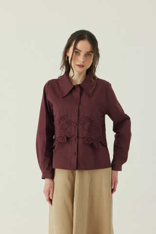 Gül Nakışlı Poplin Gömlek Bordo - 4