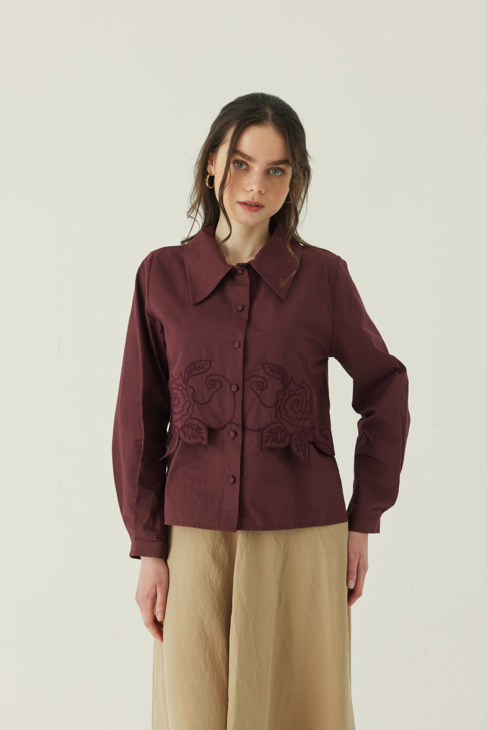 Gül Nakışlı Poplin Gömlek Bordo - 4