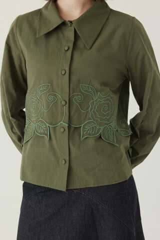 Gül Nakışlı Poplin Gömlek Haki - 2