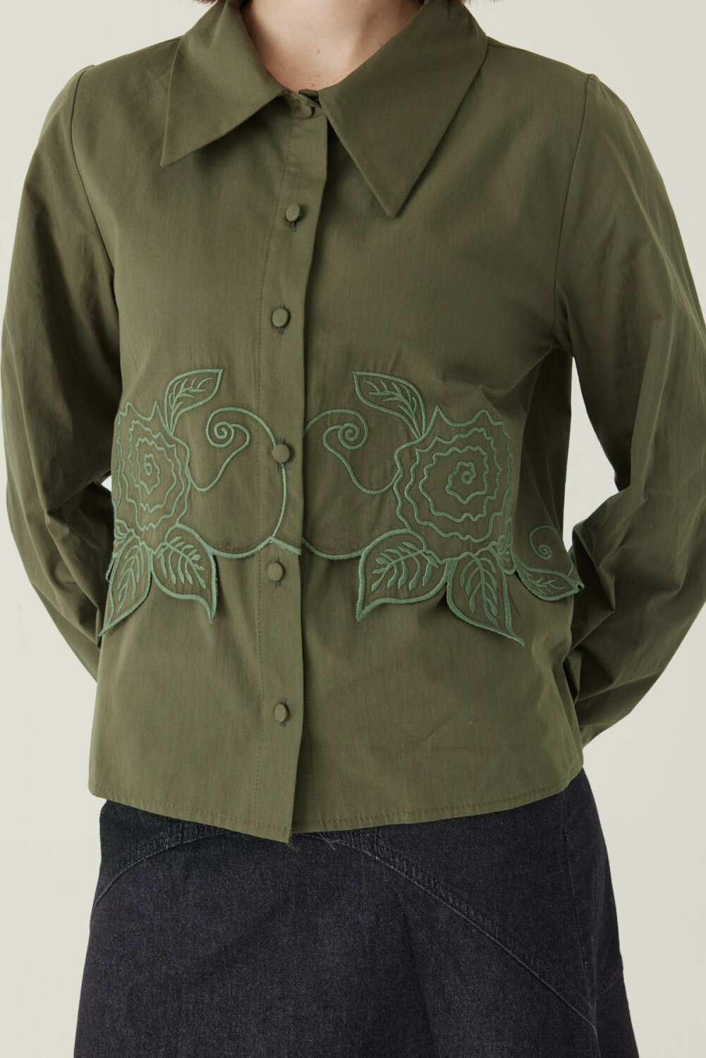 Gül Nakışlı Poplin Gömlek Haki - 2