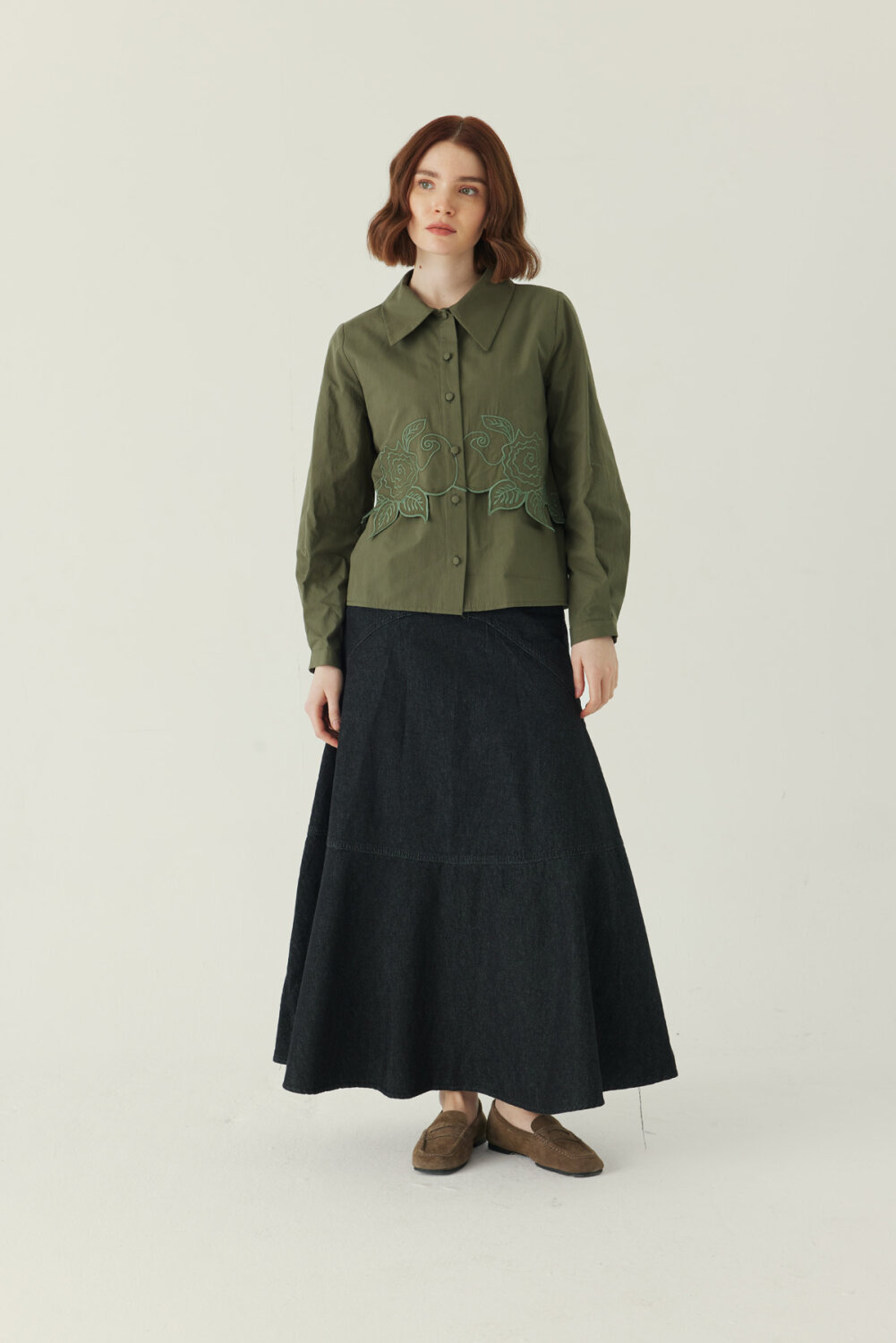 Gül Nakışlı Poplin Gömlek Haki - 4