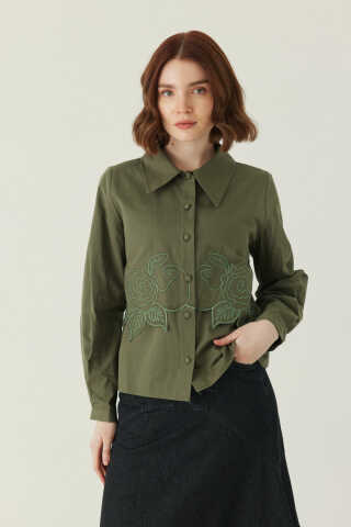 Gül Nakışlı Poplin Gömlek Haki - 1