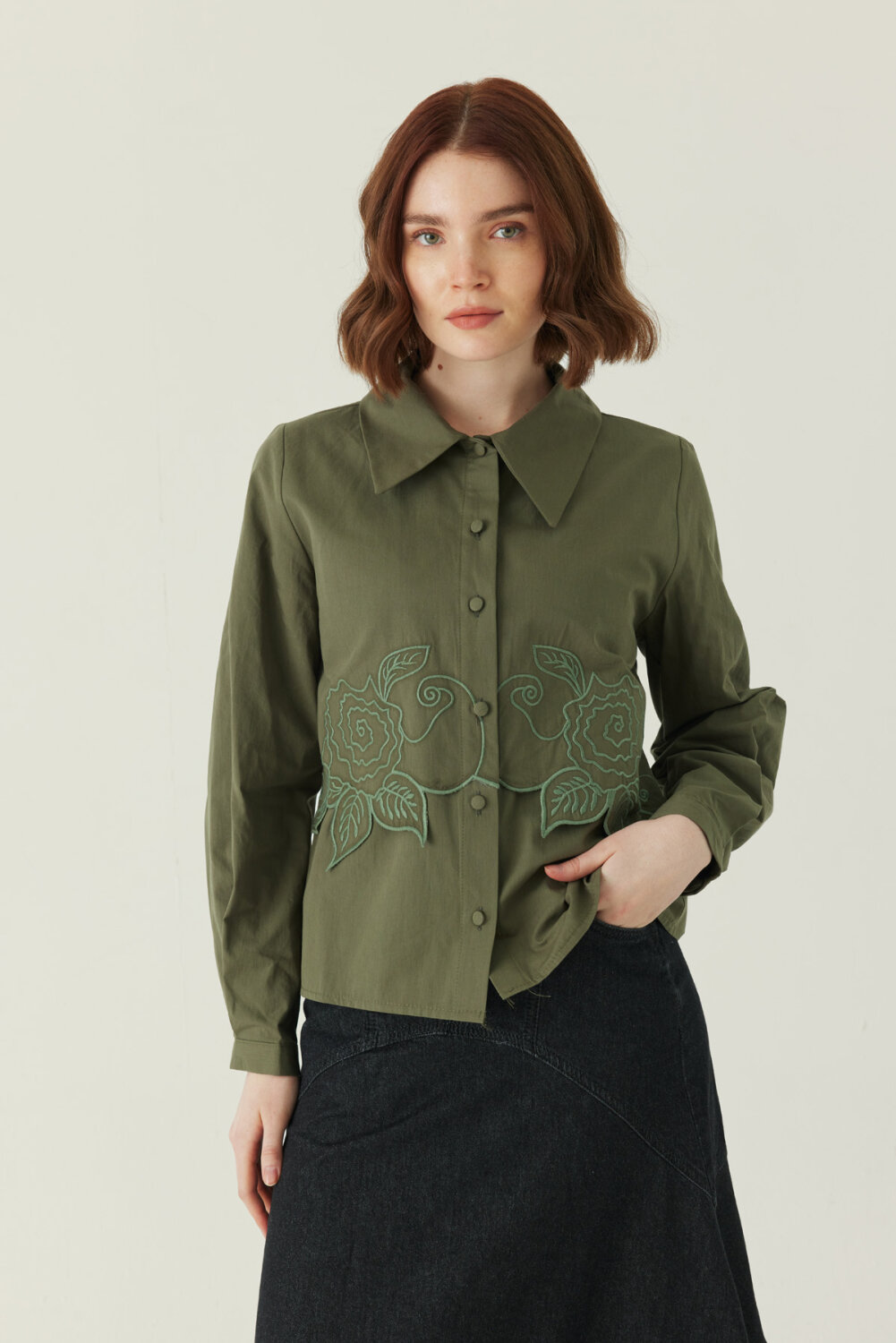 Gül Nakışlı Poplin Gömlek Haki 