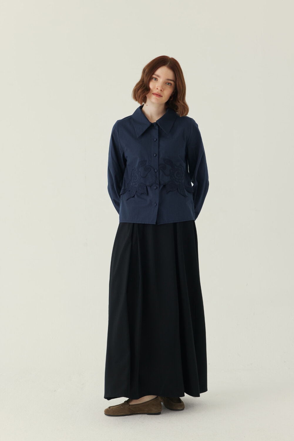 Gül Nakışlı Poplin Gömlek Lacivert - 3