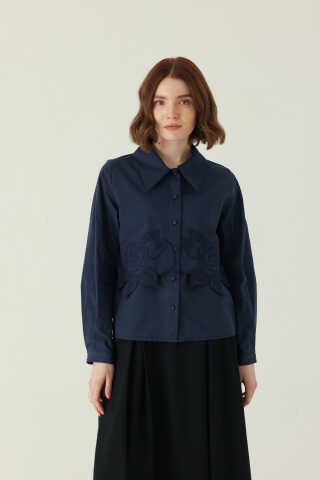 Gül Nakışlı Poplin Gömlek Lacivert - 4