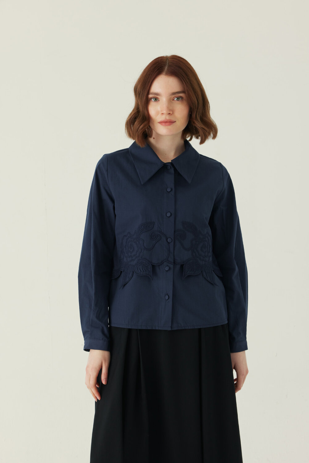 Gül Nakışlı Poplin Gömlek Lacivert - 4