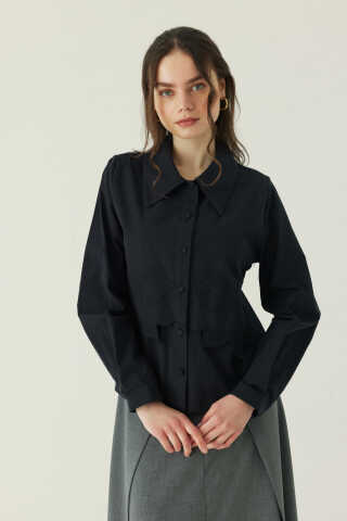 Gül Nakışlı Poplin Gömlek Siyah - 1