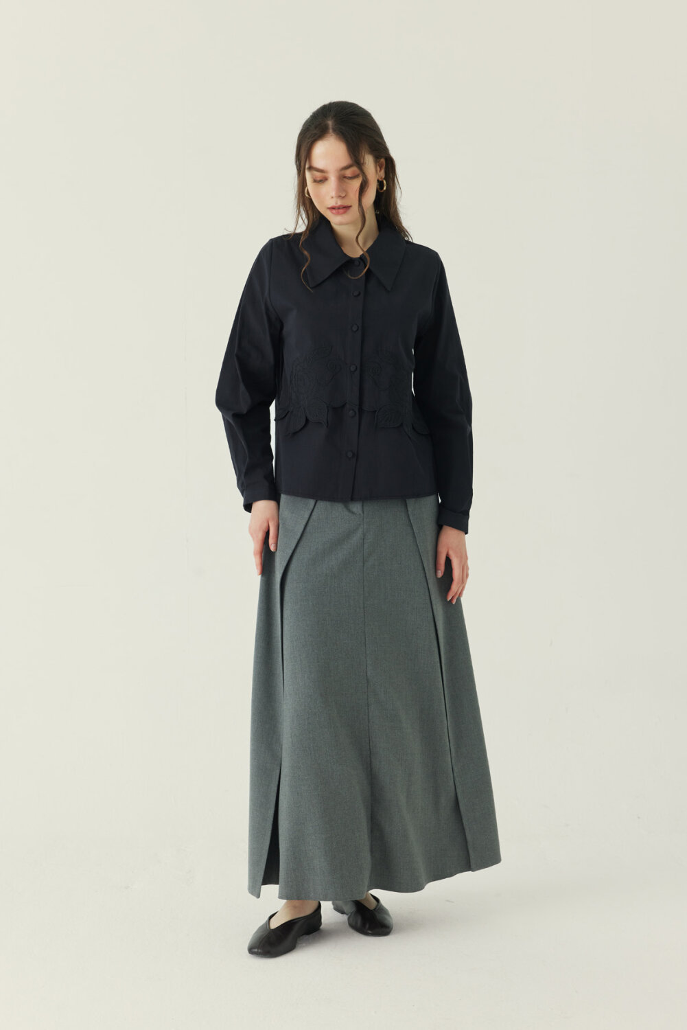 Gül Nakışlı Poplin Gömlek Siyah - 3