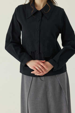 Gül Nakışlı Poplin Gömlek Siyah - 4