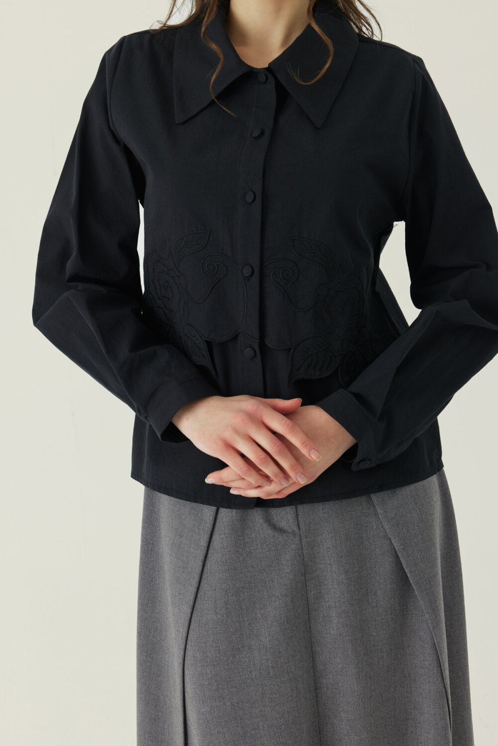 Gül Nakışlı Poplin Gömlek Siyah - 4