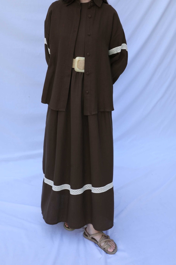 Güpür Gömlekli Elbise Kahverengi - 9