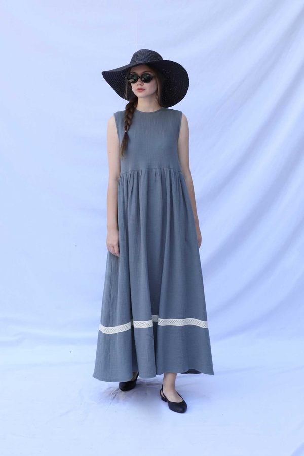 Güpür Gömlekli Elbise Koyu Gri - 1