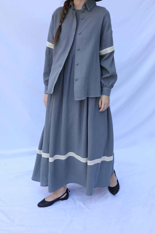 Güpür Gömlekli Elbise Koyu Gri - 6