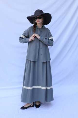 Güpür Gömlekli Elbise Koyu Gri - 7