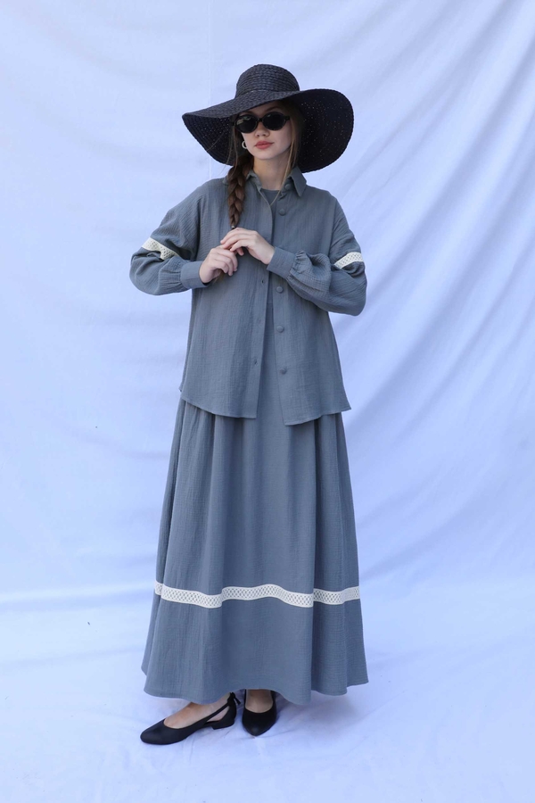 Güpür Gömlekli Elbise Koyu Gri - 7