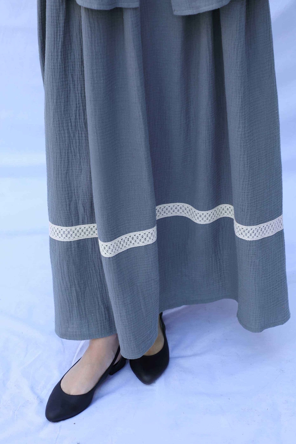 Güpür Gömlekli Elbise Koyu Gri - 8