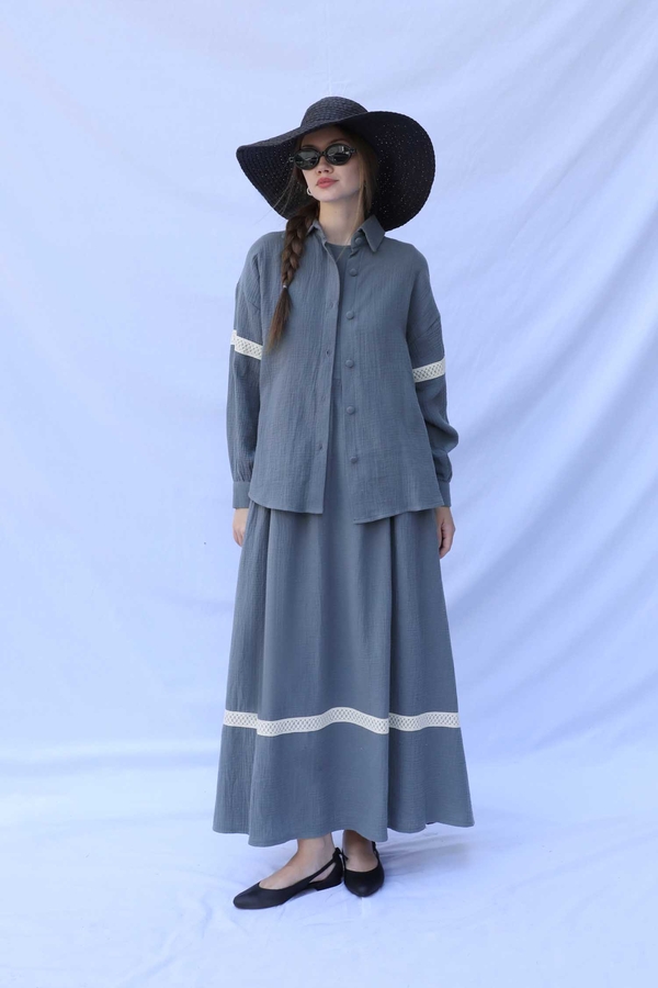 Güpür Gömlekli Elbise Koyu Gri - 5