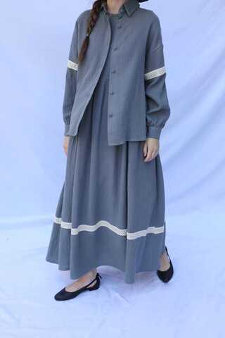 Güpür Gömlekli Elbise Koyu Gri - 6