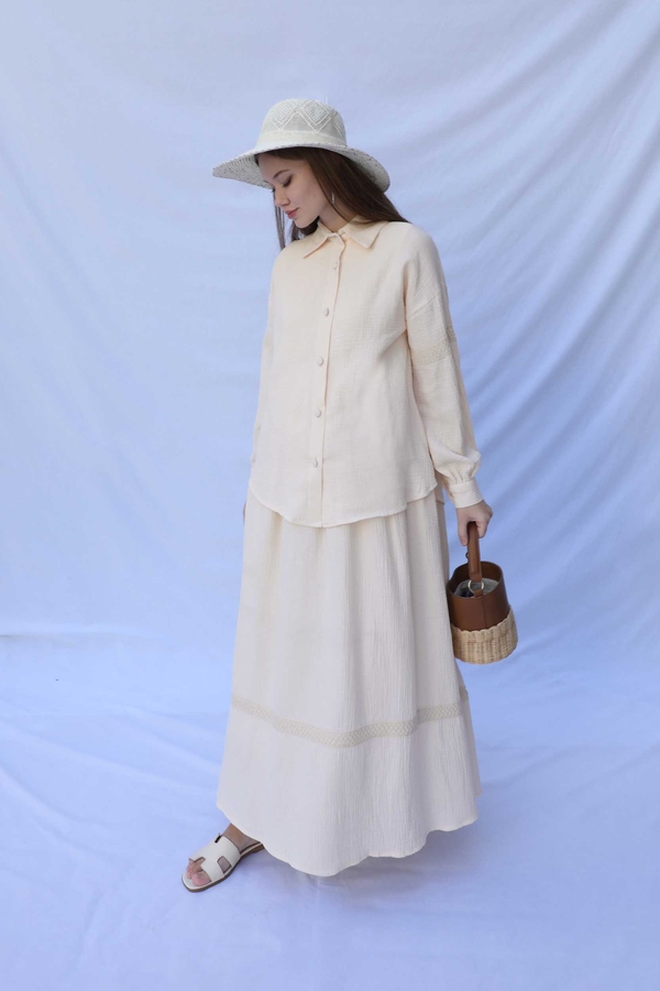 Güpür Gömlekli Elbise Krem - 1