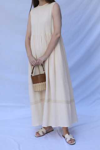 Güpür Gömlekli Elbise Krem - 7