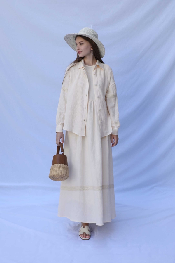 Güpür Gömlekli Elbise Krem - 3