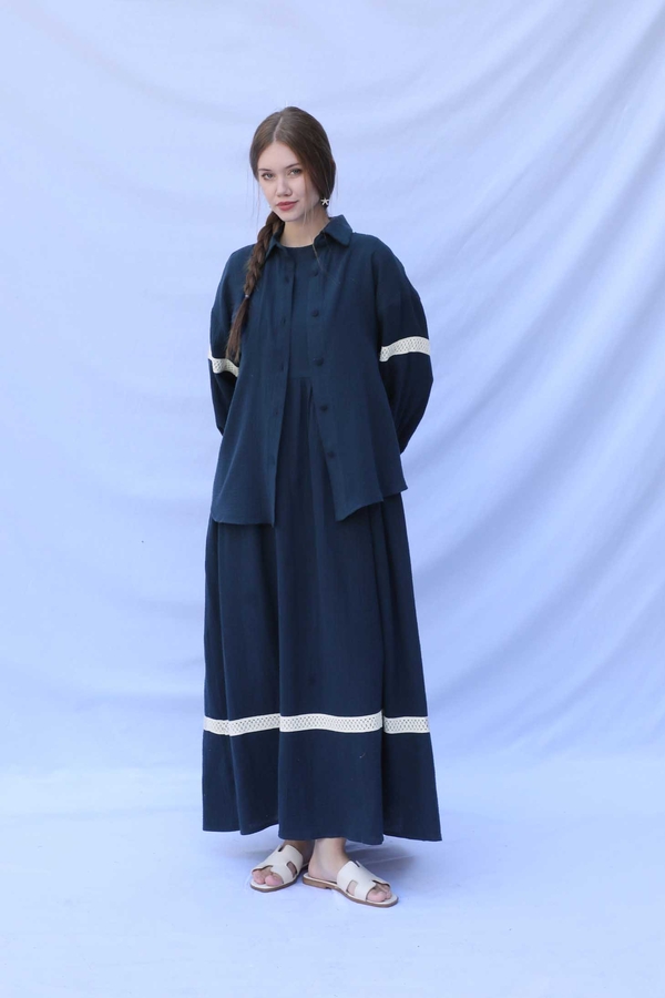 Güpür Gömlekli Elbise Lacivert - 6