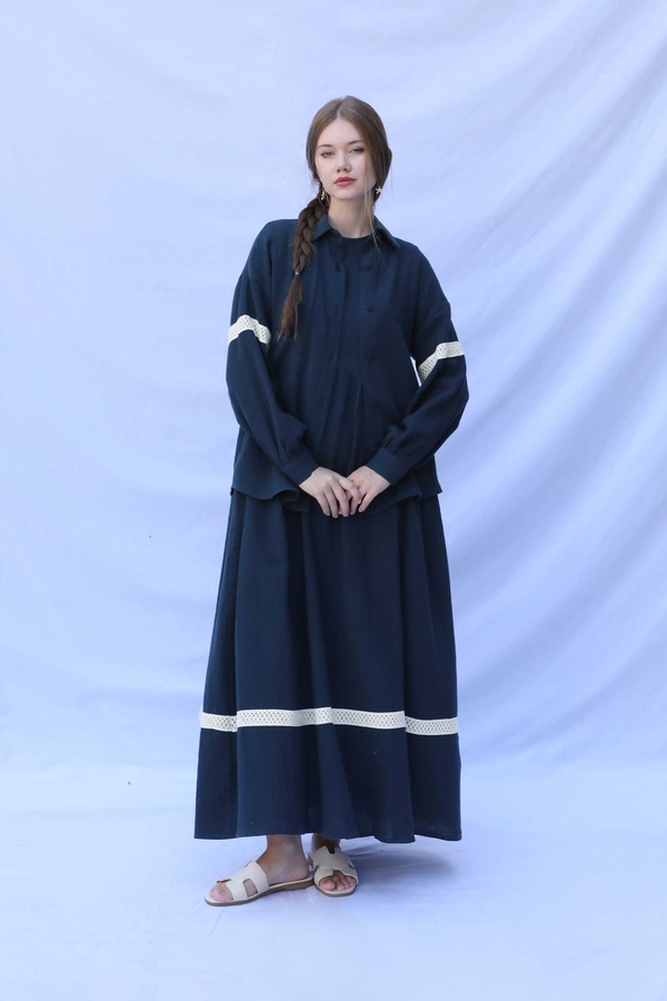 Güpür Gömlekli Elbise Lacivert - 7