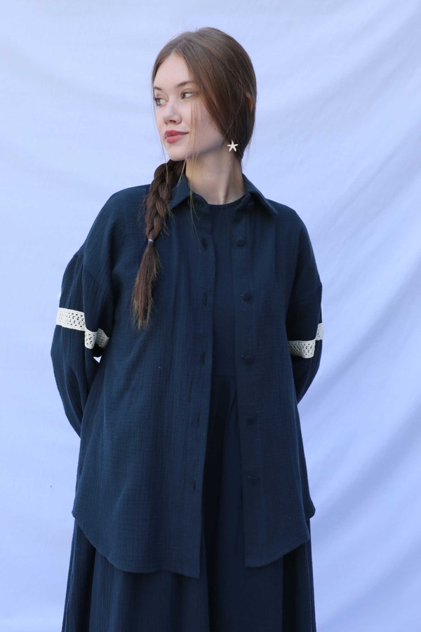 Güpür Gömlekli Elbise Lacivert - 12