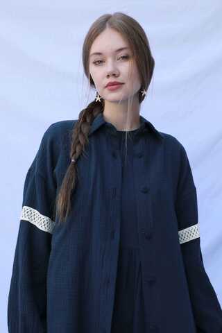 Güpür Gömlekli Elbise Lacivert - 14