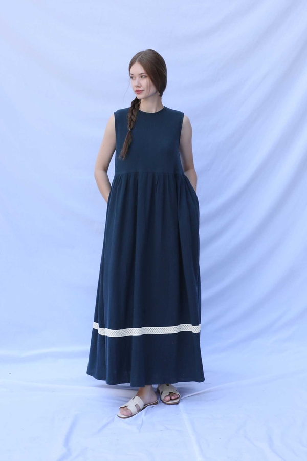 Güpür Gömlekli Elbise Lacivert - 2