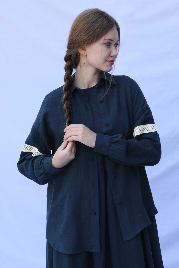 Güpür Gömlekli Elbise Lacivert - 8