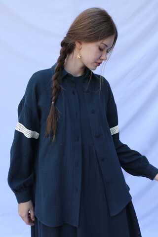 Güpür Gömlekli Elbise Lacivert - 10