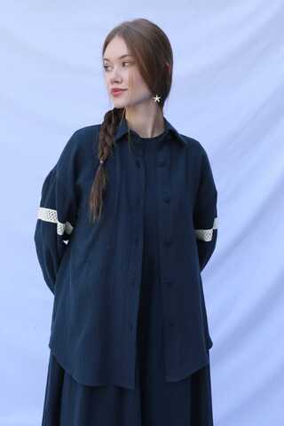 Güpür Gömlekli Elbise Lacivert - 12