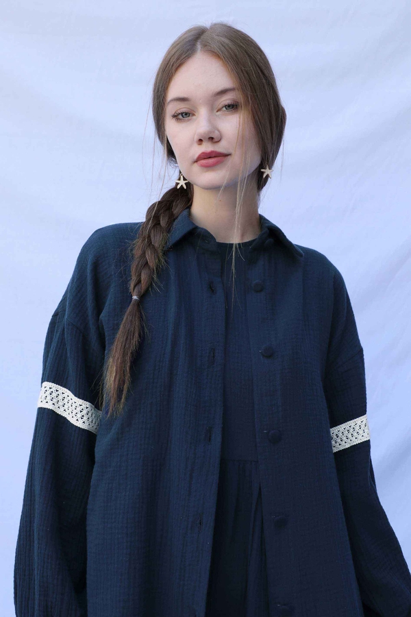 Güpür Gömlekli Elbise Lacivert - 14