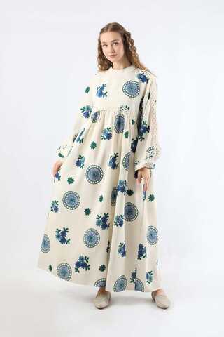 Güpürlü Etnik Desen Elbise Mavi - 1