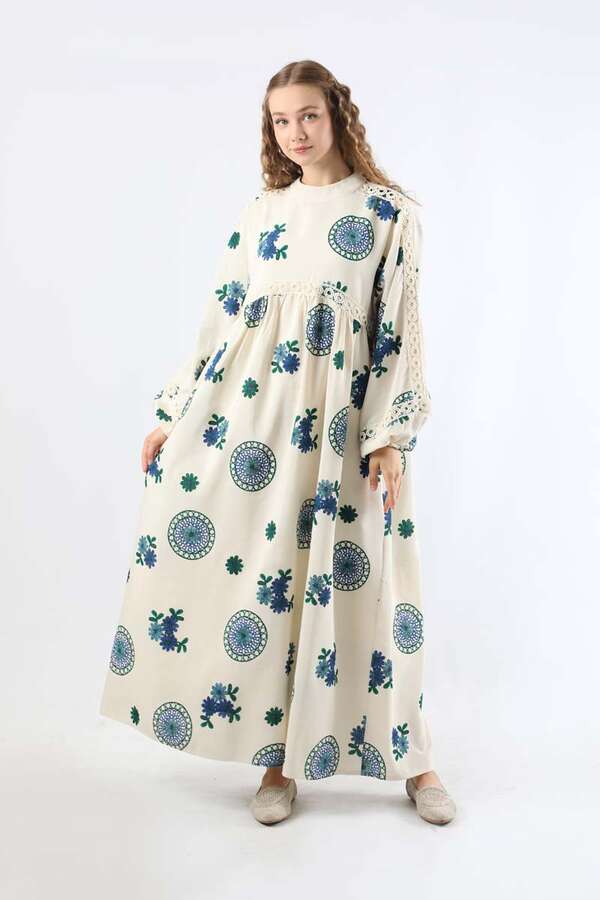 Güpürlü Etnik Desen Elbise Mavi - 1