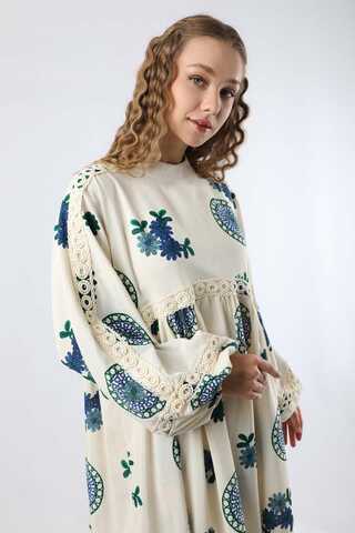 Güpürlü Etnik Desen Elbise Mavi - 2