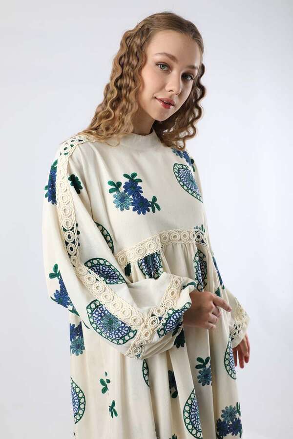 Güpürlü Etnik Desen Elbise Mavi - 2